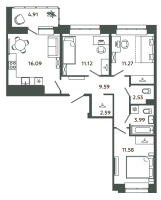 4 ккв (Евро) № Г2/3-3 Корп.: 6-7 , Секция Г  в ЖК Загляденье