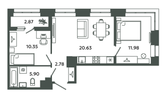 3 ккв (Евро) № Д6/2-5 Корп.: 6-7 , Секция Д  в ЖК Загляденье