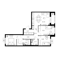 4 ккв (Евро) № 3.3.1 Корп.: 4 , Секция 3  в ЖК Заречный парк