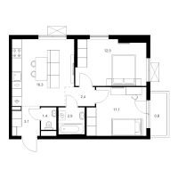 3 ккв (Евро) № 2.19.4 Корп.: 6 , Секция 2  в ЖК Заречный парк