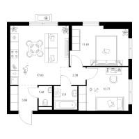 3 ккв (Евро) № 2.2.4 Корп.: 5 , Секция 2  в ЖК Заречный парк