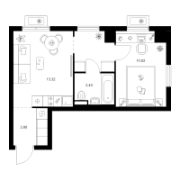 2 ккв (Евро) № 2.2.11 Корп.: 5 , Секция 2  в ЖК Заречный парк