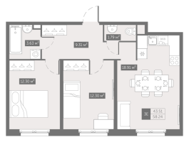 3 ккв (Евро) № 1377 Корп.: 3.2 , Секция 3.2  в ЖК Зум на Неве