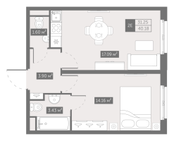 1 ккв № 1040-1 Корп.: 3.4 , Секция 3.4  в ЖК Зум на Неве